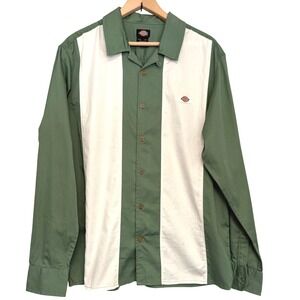 Dickies Westover Bowling Shirt Mens Size M Green Stripe Retro Style Long Sleeve